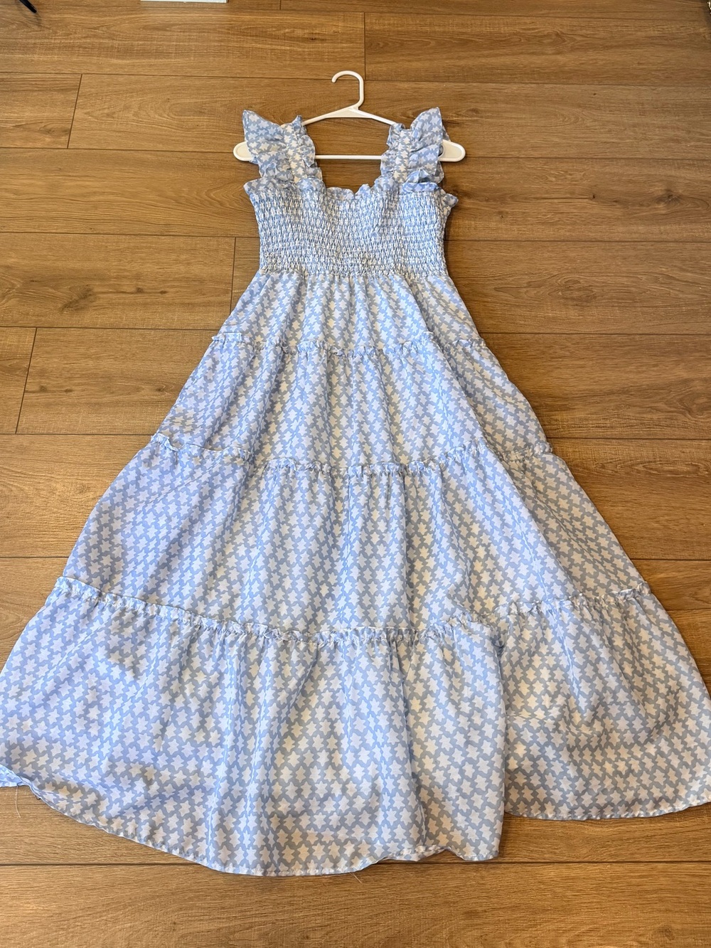 Light Blue & White Flowy Floral Smocked Maxi Dress
